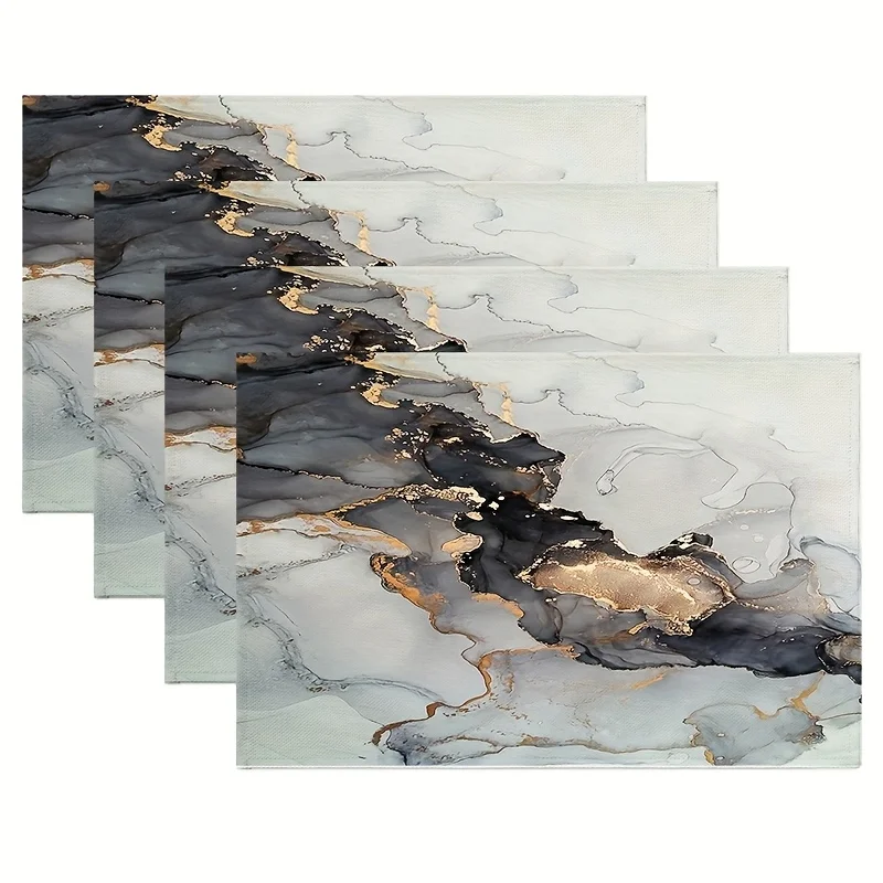 4pcs Polyester Placemats for Dining Table, Black Golden Beautiful Fashion Marble Rectangle Placemat, Washable Table Mat for Kitc
