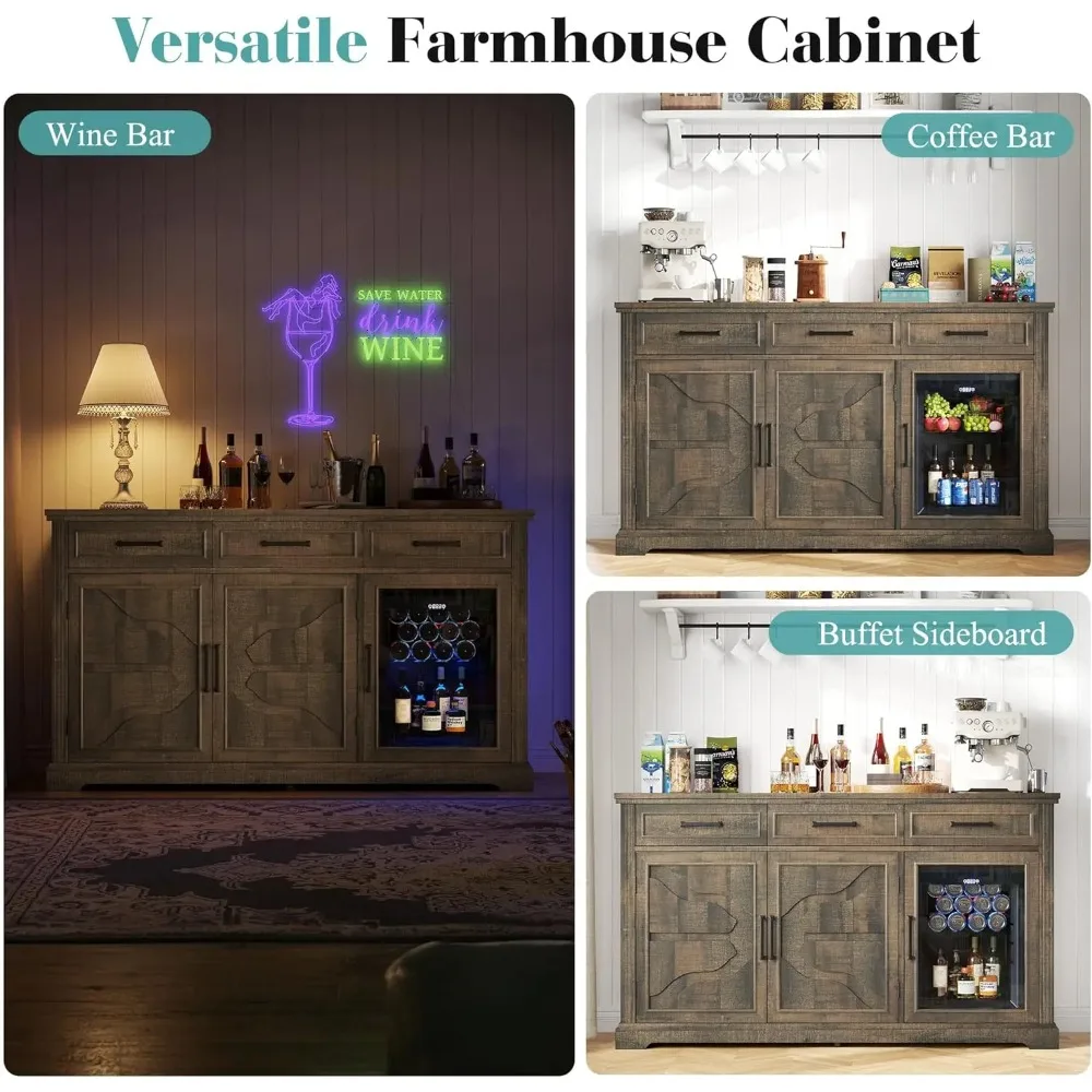 60 Farmhouse Coffee Bar Cabinet with Beverage Fridge (Included), Wine Bar Cabinet with Drawer Storage, Living Room-Brown