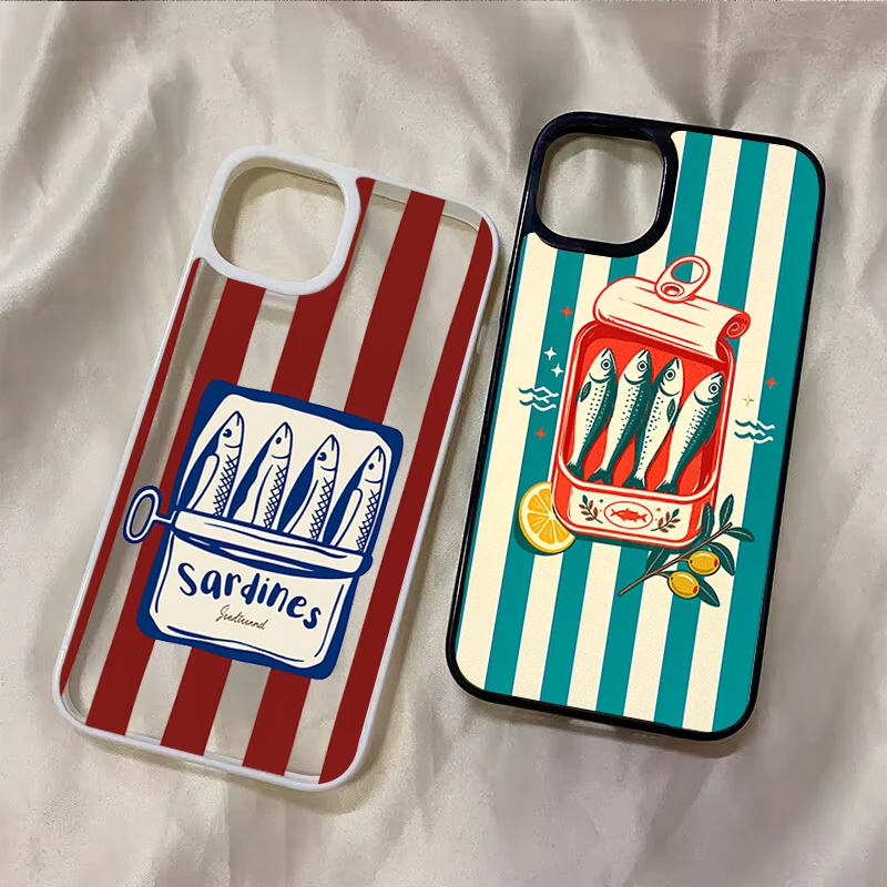 Чехол в стиле ретро с полосками и принтом консервированных сардин для Samsung Galaxy S26 Plus S24 Ultra S25 FE A16 A36 A56 A55 A54 A53 A35 A34 A15 S23 S21