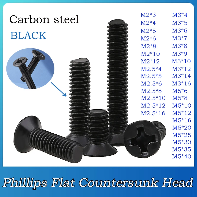 50~1000pcs M2 M2.5 M3 M5 Length:3mm-40mm Black Carbon Steel Nickel Plated Cross Phillips Flat Countersunk Head Screw