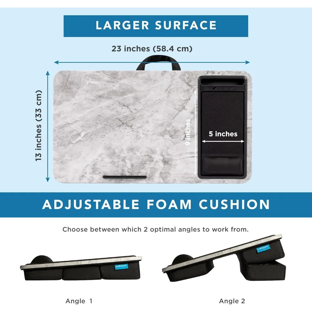 Extra Large Adjustable Lap Desk with Gel Wrist Rest, Mouse Pad, Phone Holder - White Marble for Laptops up to 17.3 Inch