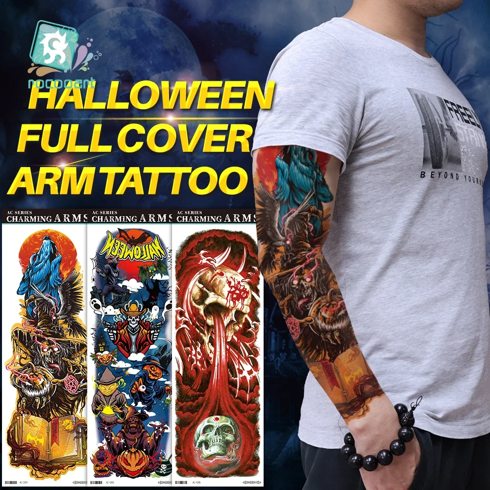 Tatuaje de manga de brazo grande para hombre, calaveras de demonio, fantasma, Lobo, sangre, pegatina temporal impermeable, tótem de calavera completa, tatuaje falso