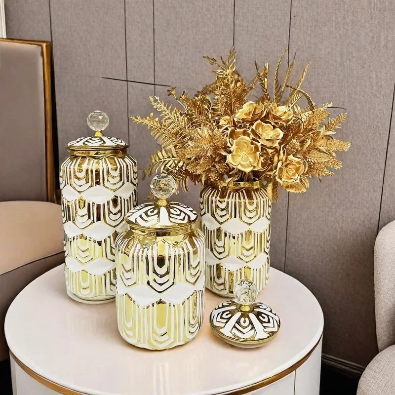 Ceramic Checkmate Jar Storage Jar Gold Stripe Storage Tank Flower Vase Airtight Tank Home Decoration Accessories