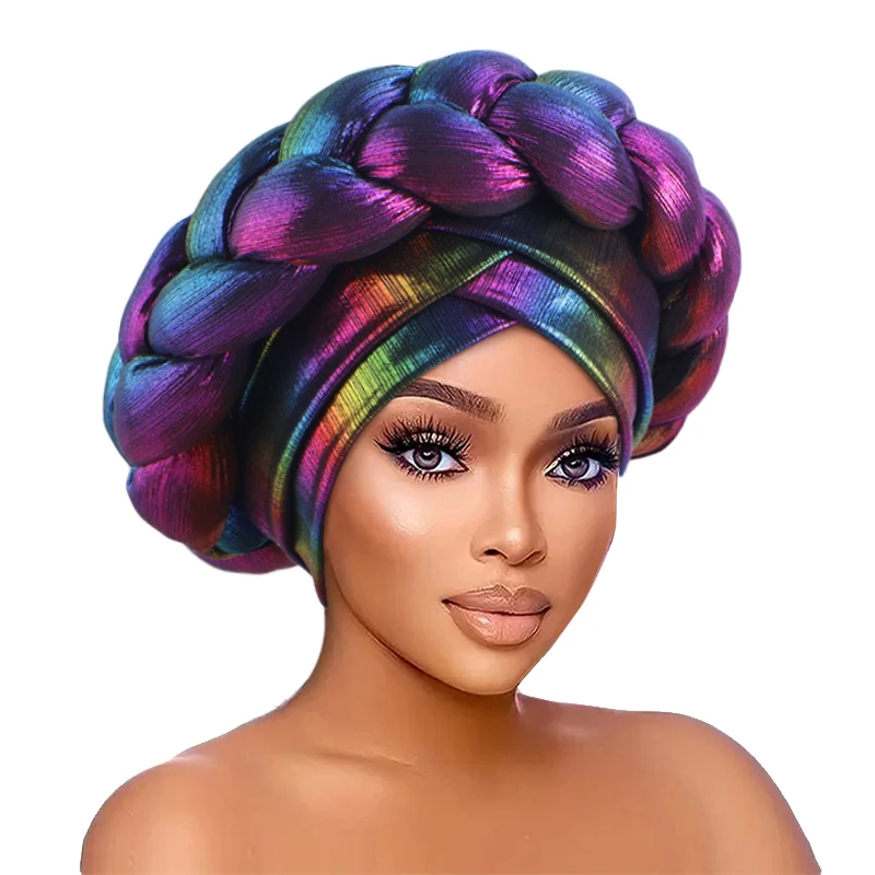 New African Colorful Laser Large Braid Turbans For Women Trendy Gradient Color Elastic Head Wraps Ramadan Chemo Hats Headscarf