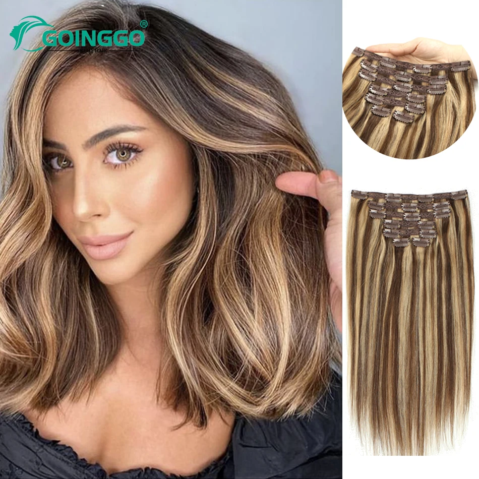 Clip In Hair Extensions Human Hair 7Pcs/Set 100g Highlight Ombre Chocolate Brown To Caramel Blonde Natural Look Clip Ins Hair