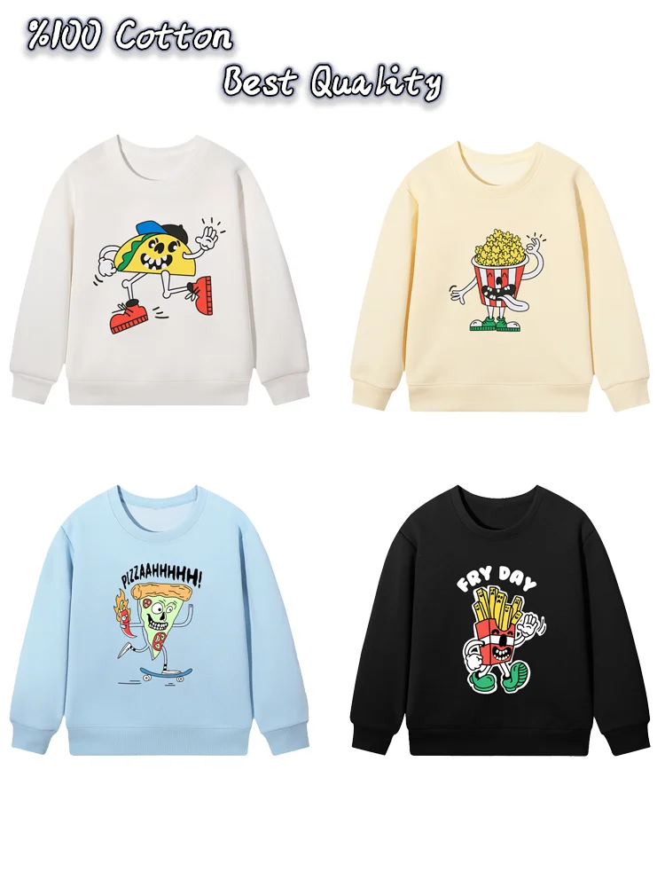 Cute Baby Boys sweatshirt winter fun prints Kids Clothes 2026 New Cartoon popcorn pizza print pullover Cotton hoodie child Tops