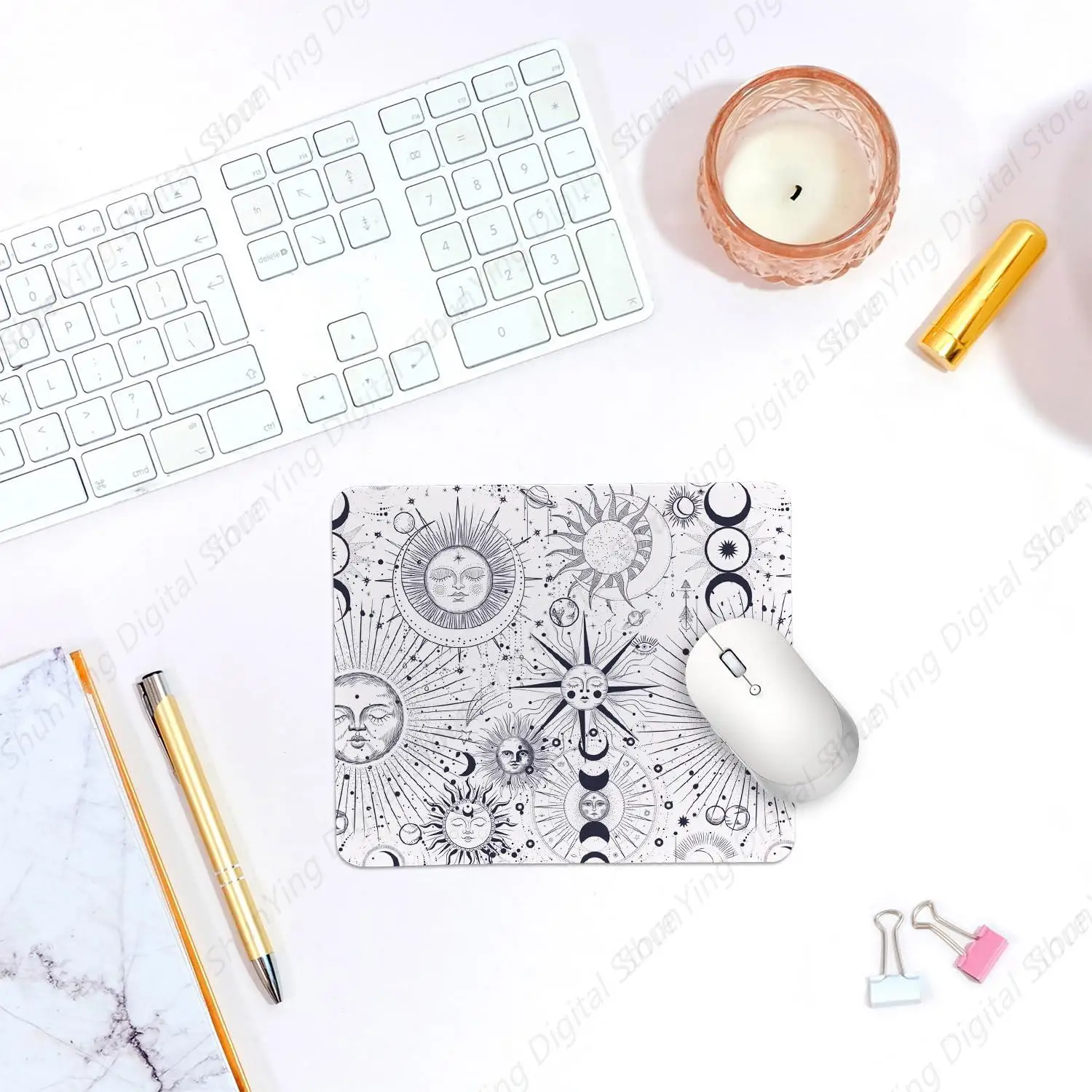 White Mysterious Moon Pattern Mouse Pad Gothic Style Desktop Home Office Game Work Mouse Pad Tarot Card Enthusiast 25*30cm