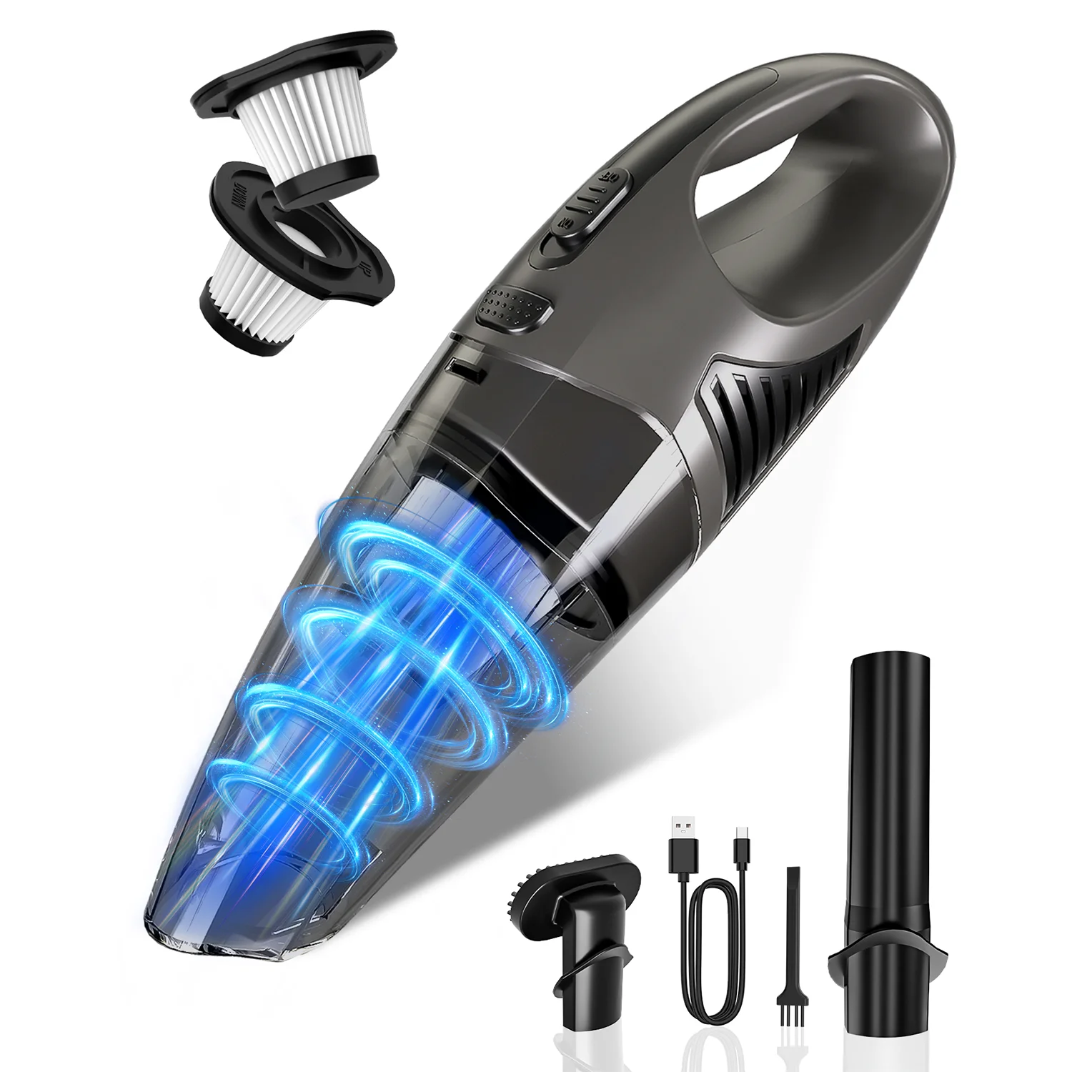 Portable Cordless Handheld Vacuum Cleaner, Rechargeable Type‑C Hand Vac with Multiple Nozzles, Low Noise Hand Vacuum for Car, Ho