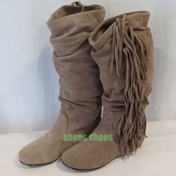 

Lady Retro Pleated Tassel Design Suede Flats Calf Boots Suede Fall Dress New Arrive Office Lady Runway Boots Suede Footwear 46