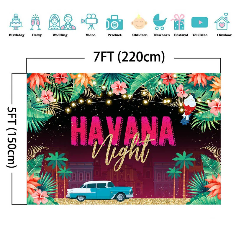 Mùa Hè Havana Đêm Phông Nền Trẻ Sinh Nhật Chụp Hình Trang Trí Vintage Xe Nhiệt Đới Cây Cọ Retro Bảng Gỗ Nền
