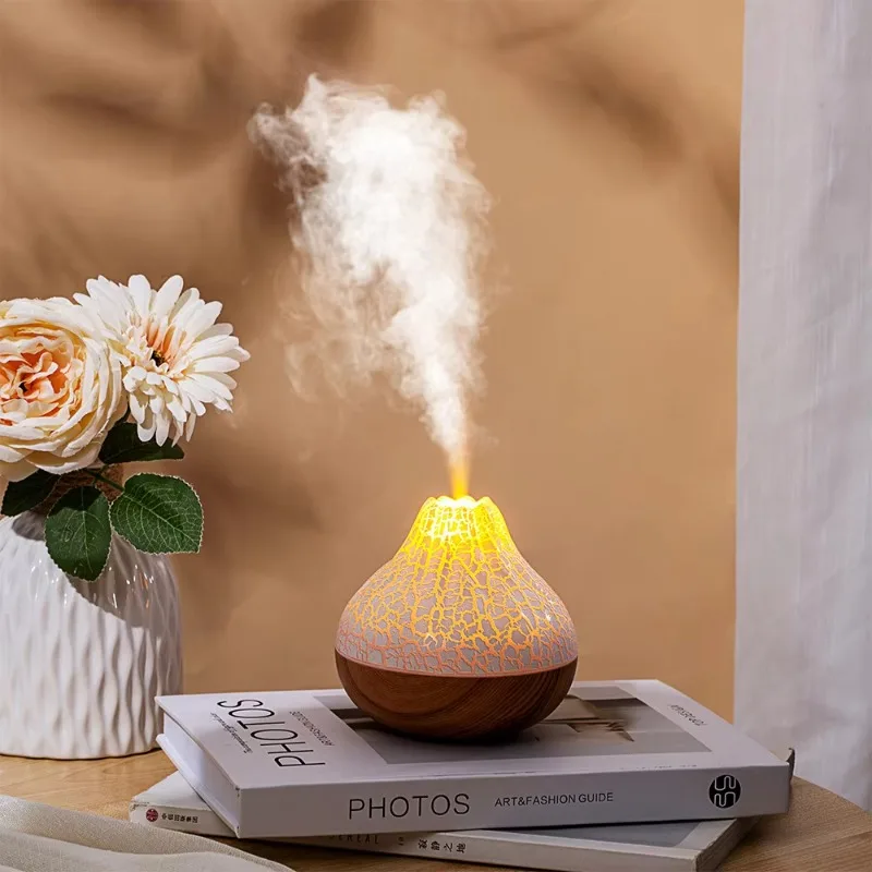 New Small Volcano Wood Grain Humidifier Imitation Flame RGB Colorful Atmosphere Light Delicately Silent Heavy Fog Quantity lamp