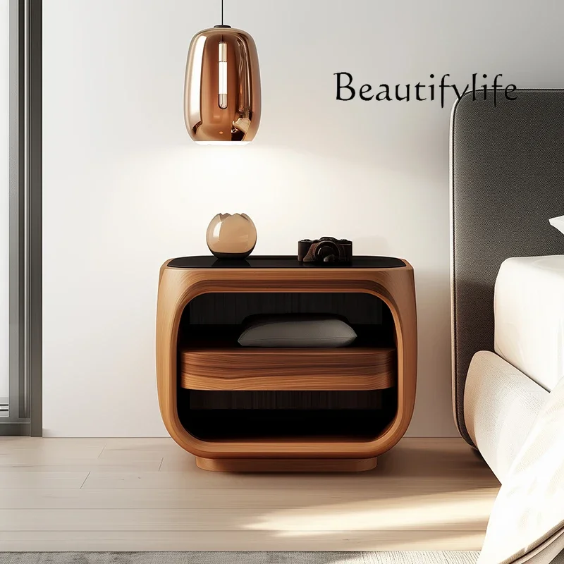 

yj5 Italian minimalist bedside table small solid wood bedroom bedside table light luxury high-end walnut creative small side tab