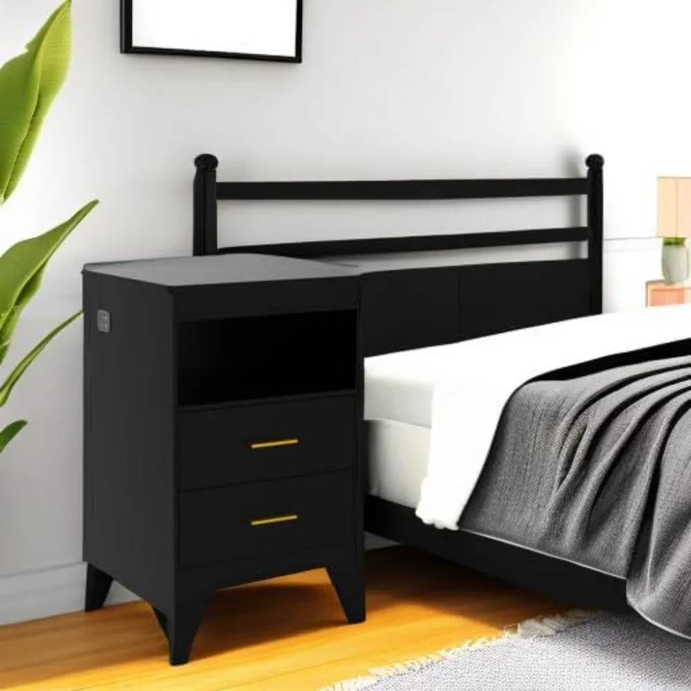 Mesita de noche contemporánea con almacenamiento oculto para armas, estación de carga y iluminación ajustable de 3 colores con sensor automático