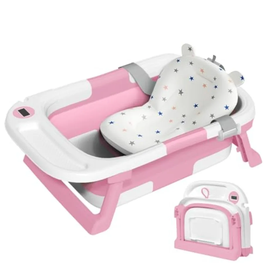 

Портативная складная детская ванночка с термометром и мягкой подушкой для новорожденных и малышей 0-36 месяцев, с нескользящими ножками, розовая, идеально подходит для