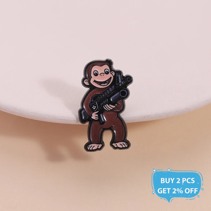 Funny Monkey with Gun Enamel Pin Cute Animal Metal Brooch Lapel Backpack Badge Fashion Jewelry Accessories Gift for Friends