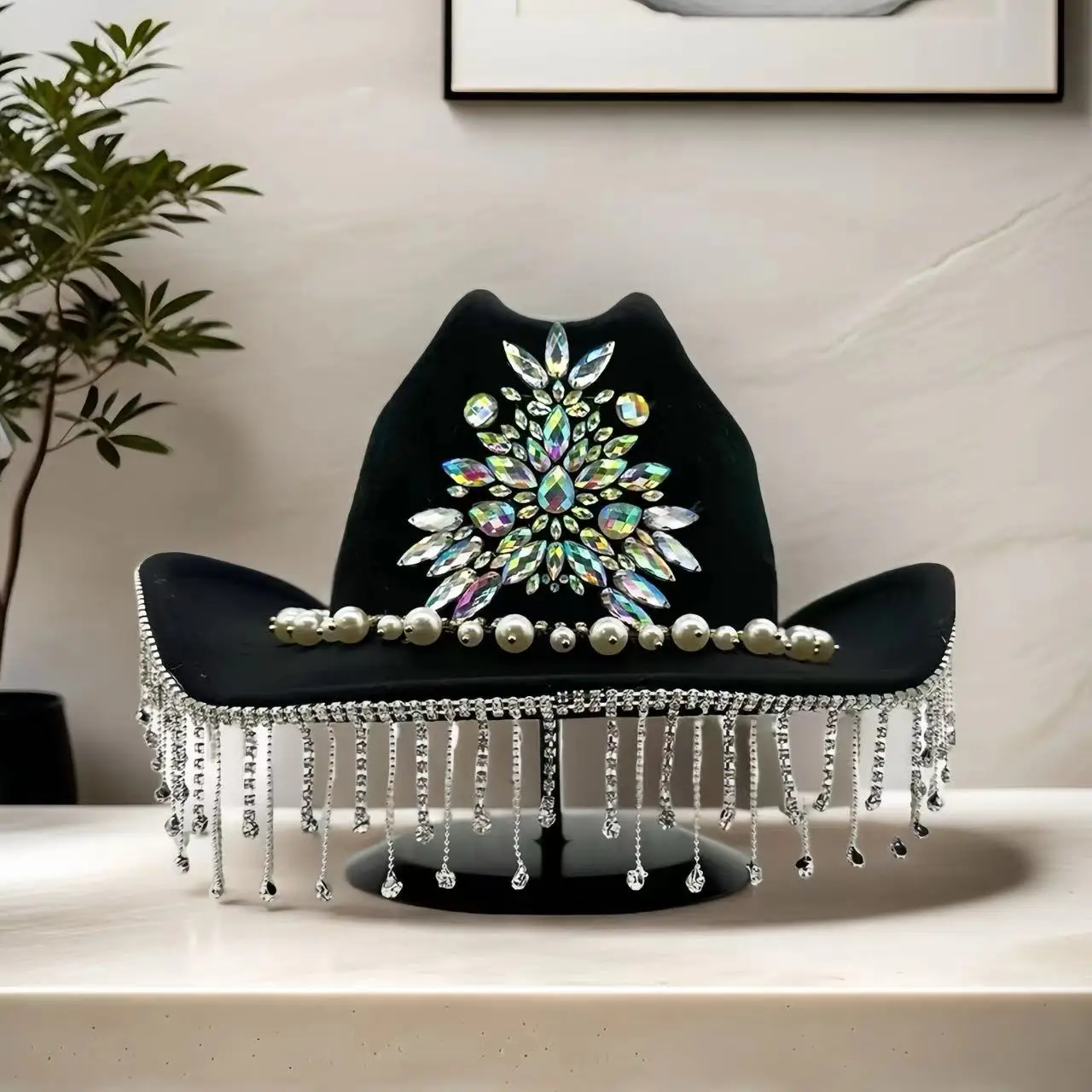 Disco Beach Cowboy Hat Rhinestone Woman for Cowgirl Costume, Top Hats, Rave Festival Accessories