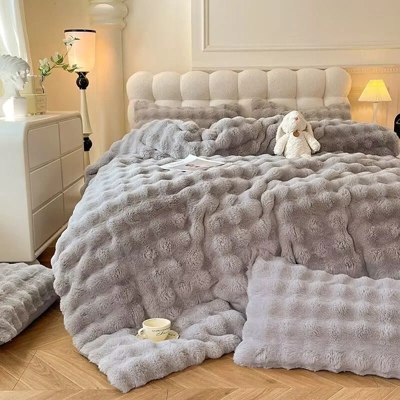 Winter Super Thick Rabbit Velvet Duvet Cover Pure Color AB Version Double-Sided Print Long Plush Soft Warm Zippered Quilt Cover