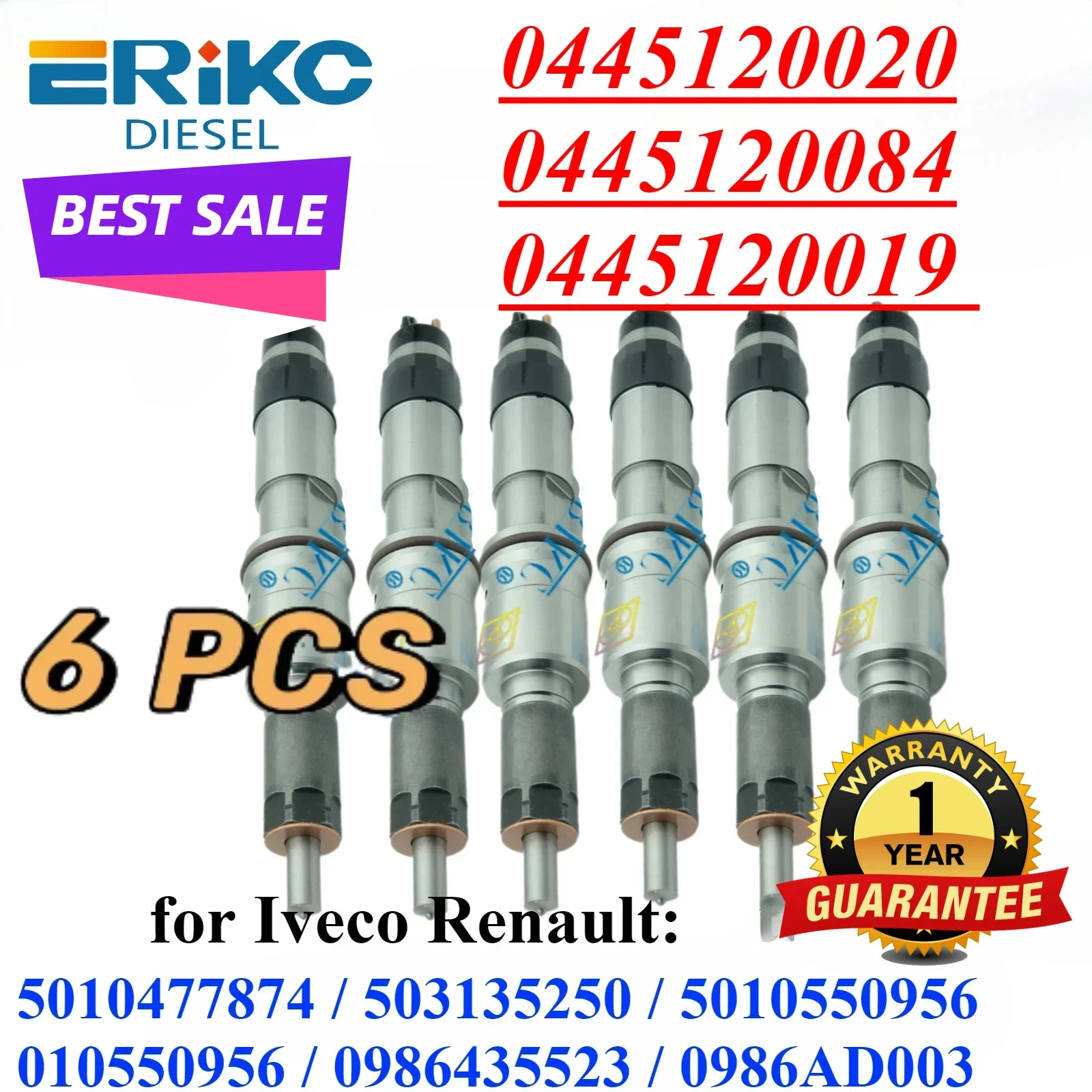 6PC 0445120020 0445120084 Diesel Fuel Injector 0445120019 Engine Spray 0986435523 for Auto RENAULT IVECO 5010477874 503135250