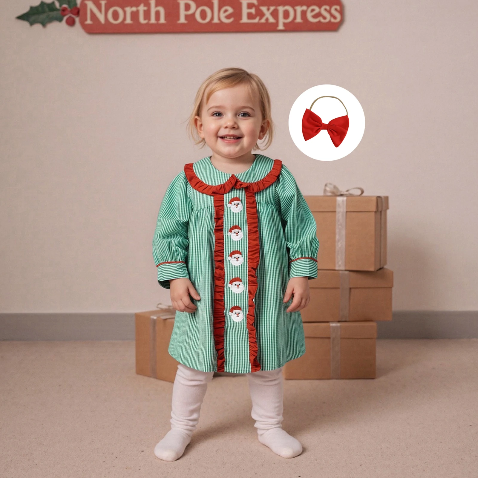 فستان منقوش للفتيات الصغيرات بياقة دمية عيد الميلاد مطرز سانتا كلوز بأكمام طويلة مع عصابة رأس #3