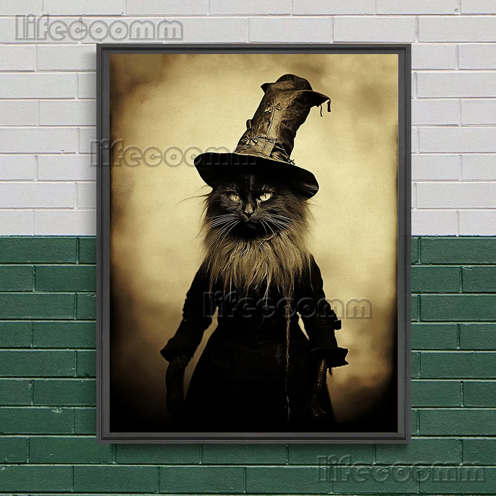 لوحة فنية على القماش لتزيين المنزل ، ملصق حيوان غامق قوطي ، قطة سوداء ، ساحرة ، صور عتيقة ، طباعة أكاديمية داكنة #2