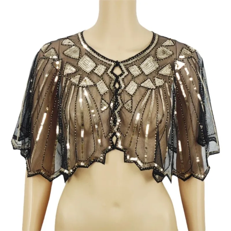 

Vintage Sequined Fringed Shrug Elegant Shawl For Women Beaded Cape Mesh Short Cover Up For Party Wedding Dress Accessory