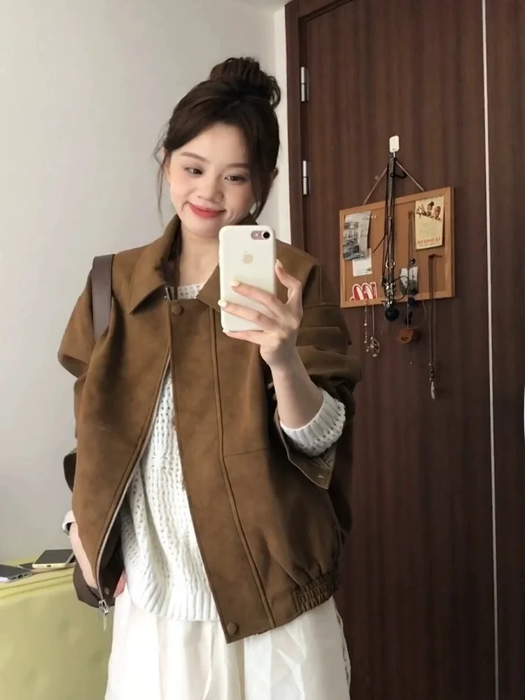 Retro Suede Jacket Women's Loose Casual Style Spring Autumn New Arrival Premium Feel Small Size Friendly Zipper Pocket Detail