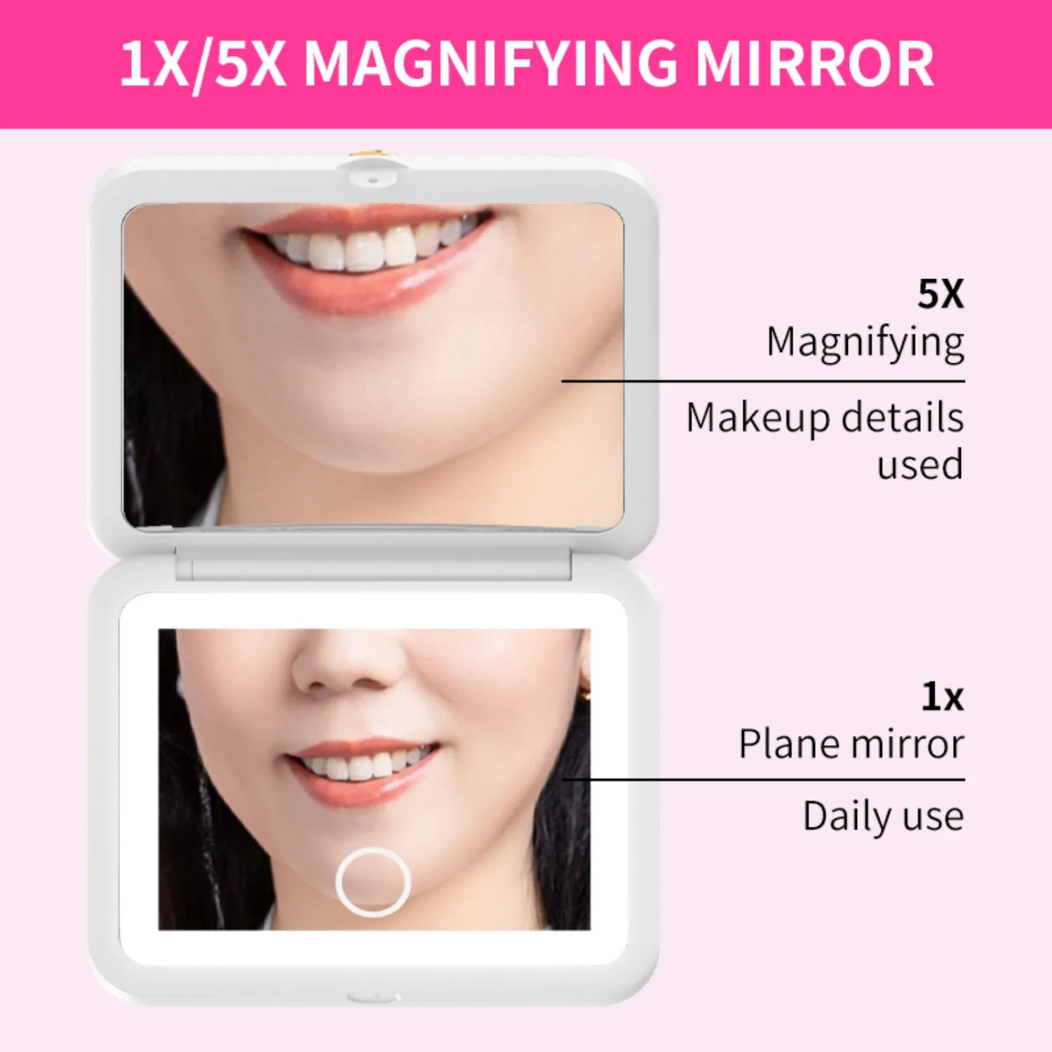 2-in-1 opvouwbare make-upspiegel - 5x vergroting + platte spiegel, Touch LED-licht (koel/warm), oplaadbare draagbare make-upspiegel