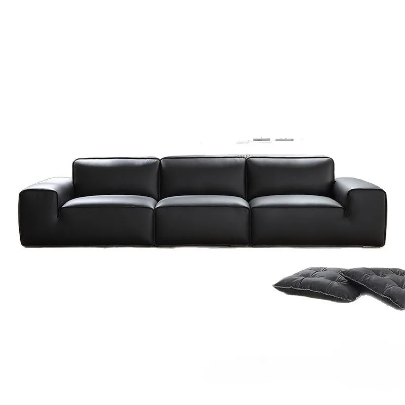 Big black cow leather sofa straight row three-person sofa small apartment