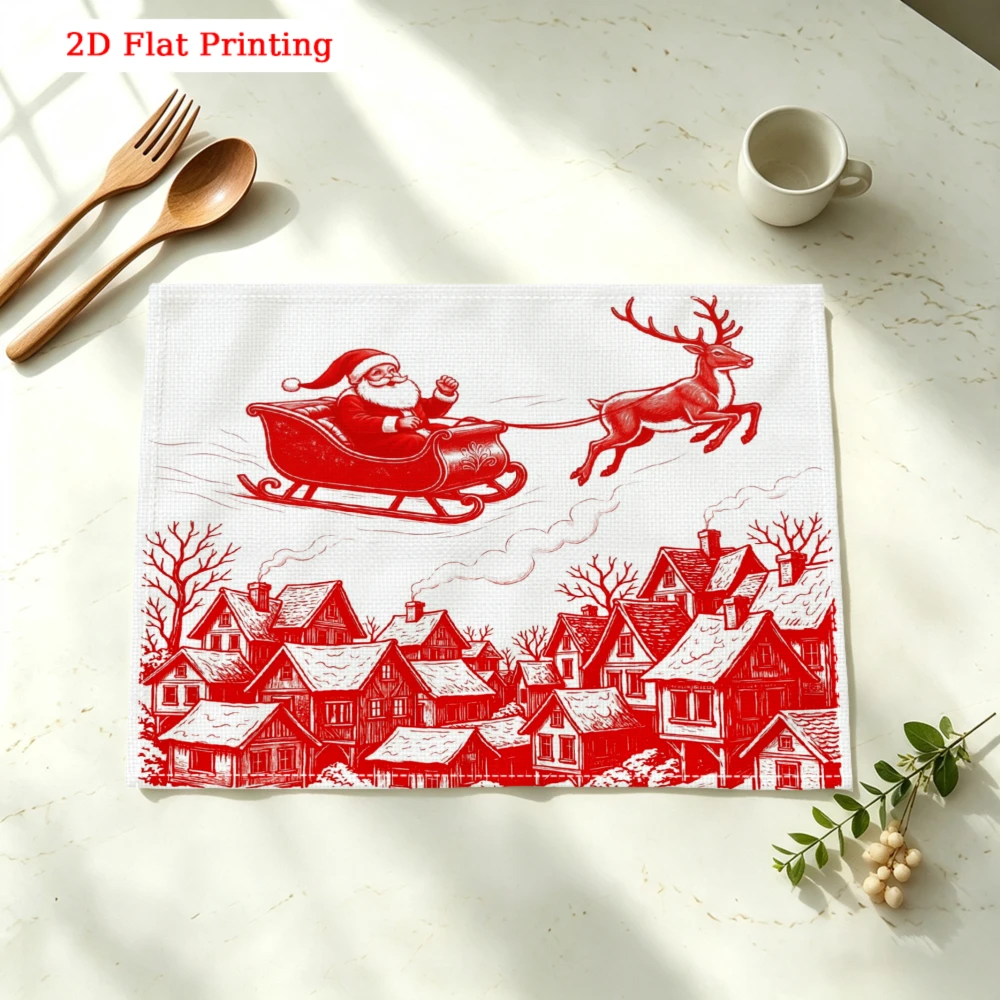 Santa Sleigh Over Village Kitchen Placemat Coaster Linen Pad Dish Coffee Cup Table Mat 30x40cm Home Decor