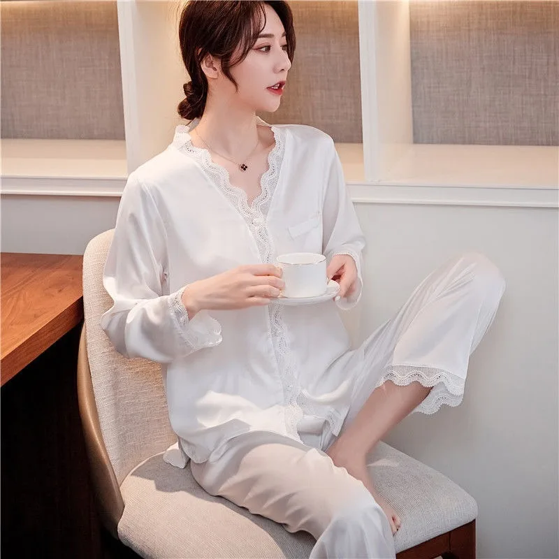 Silk Pajamas for Women Ice Silk Sexy Lace Long Sleeved Trousers Loungewear Women Two-piece Suit Household Clothes Sleepwear