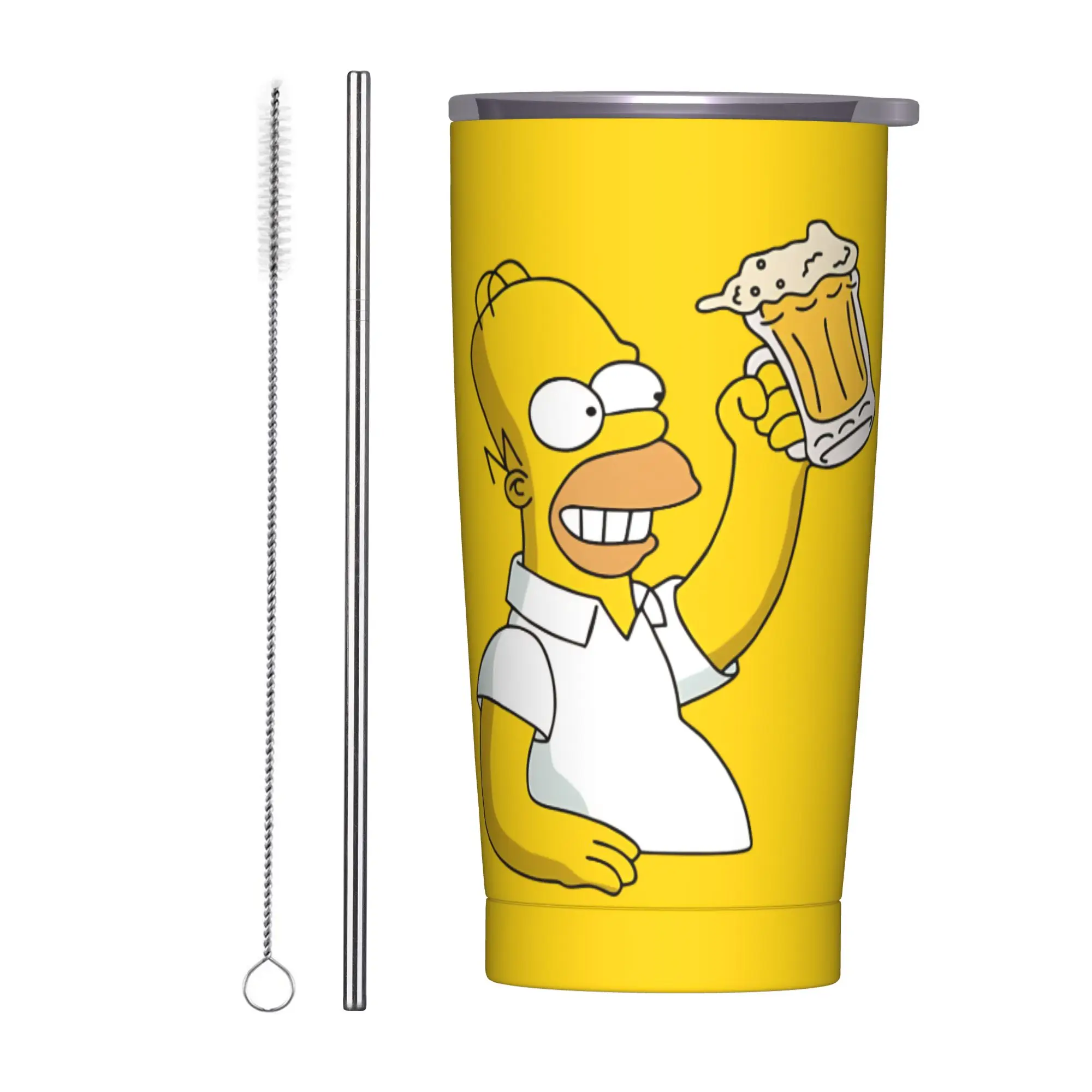 Vaso Térmico de Acero Inoxidable de Doble Pared con Aislamiento al Vacío para Bebidas Frías o Calientes de 20oz, con Diseño de Homer Simpson y Tapa con Popote para Cerveza Duff