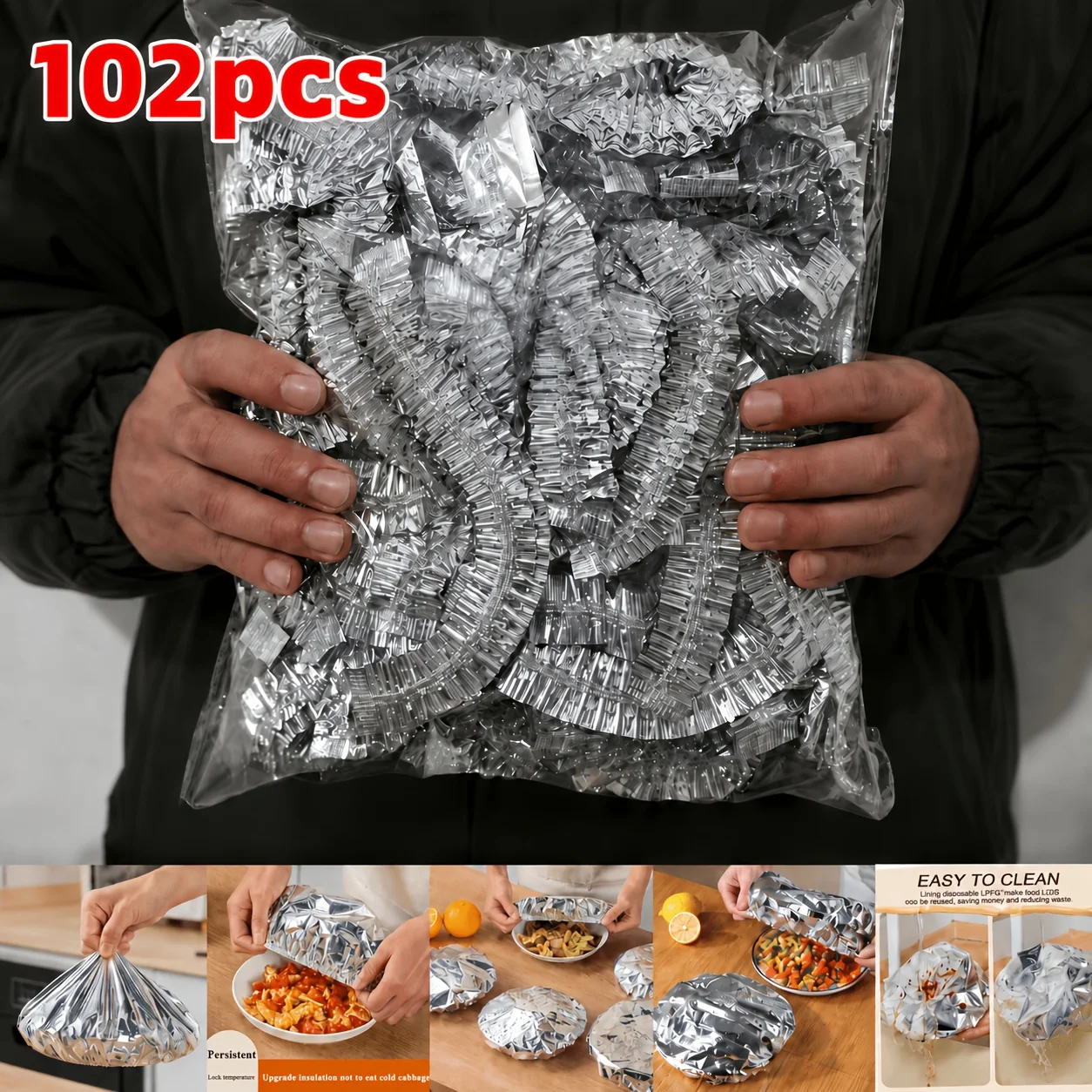 102pcs Aluminum Foil Elastic Food Covers,Kitchen Cling Film Covers,Suitable for Bowls,Plates,Utensils- Keeps Food Warm and Fresh