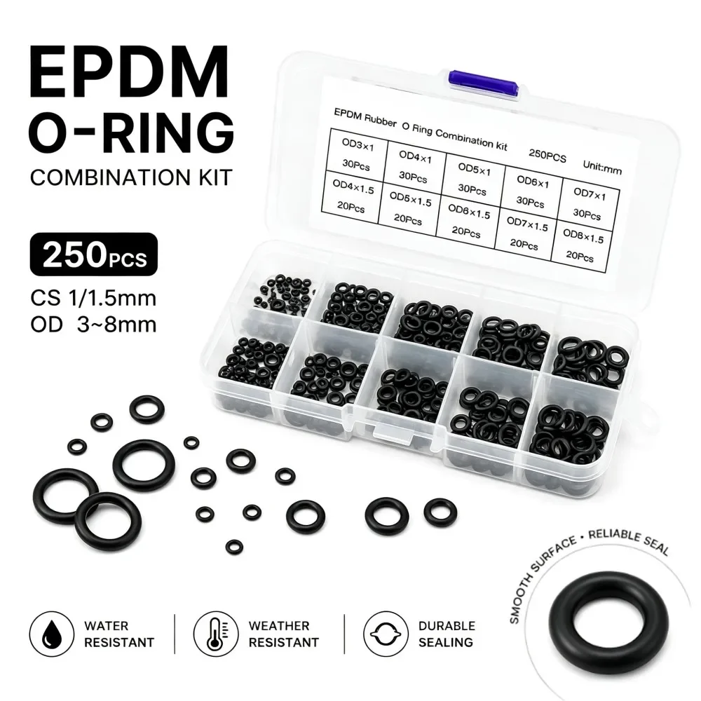 Black EPDM O Ring Repair Kit CS1/1.5mm OD3mm-8mm Acid Alkali Resistant Waterproof Rubber Seals O-Type Sealing Ring 250Pcs/Box