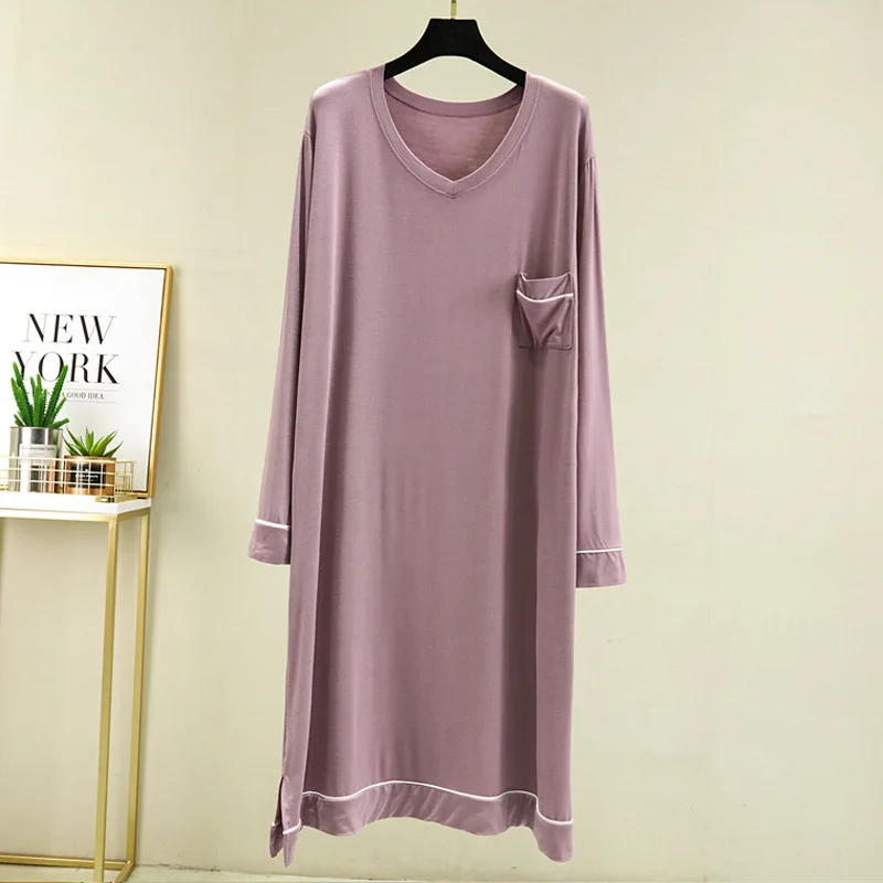 Fdfklak Casual Nightgowns Women's Sleepwear Dress Loose Long Sleeve Home Wear Modal Spring Autumn Female Nightshirt Pocket