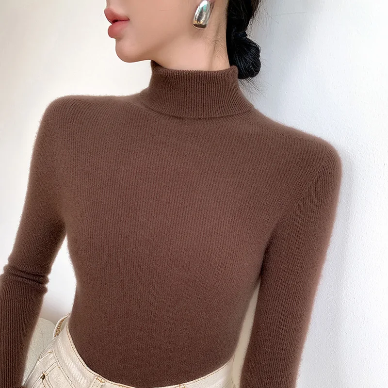 

Осенне-зимний женский однотонный пуловер с высоким воротом и длинными рукавами, тонкий, простой и модный пуловер-свитер -HY138