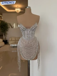 High Quality Crystal Bead Prom Gown Luxury Tassel Mini Cocktail Dresses Sexy Deep V-neck Evening Dress Customized Robe De Mariée