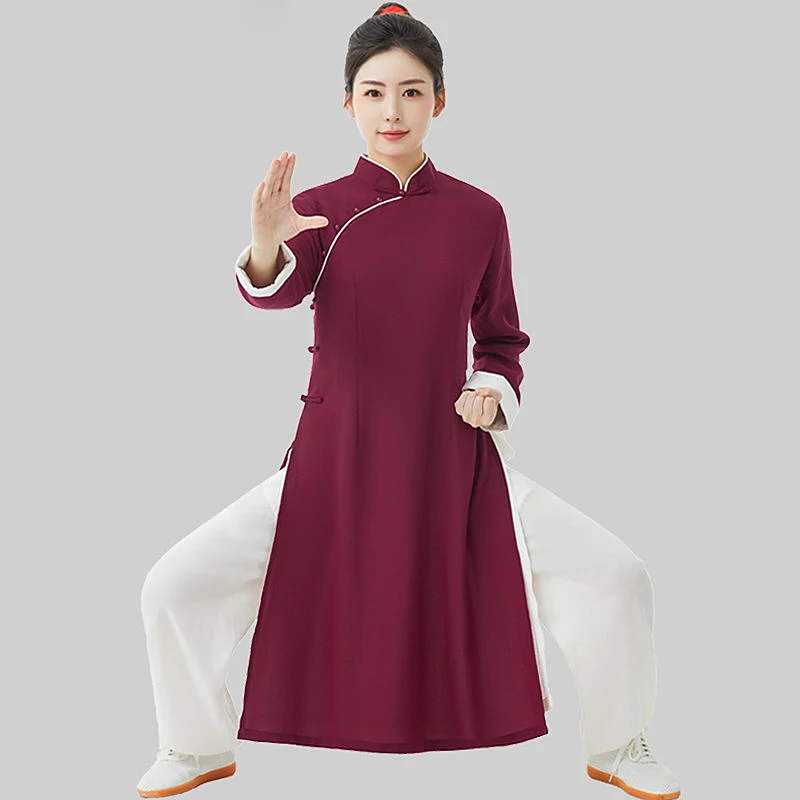 Women's 2025 New Arrival Cotton Linen Tai Chi Uniform - Chinese Style Long Flowy Turn-Up Sleeve Martial Arts Outfit