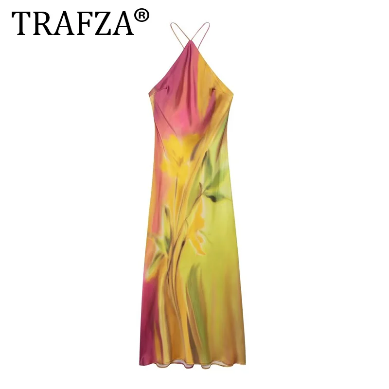 TRAFZA Summer New Fashion Women Dresses Print Tie Dye Sleeveless Backless Decorate Femael Beach Style Slim Long Dress Mujer