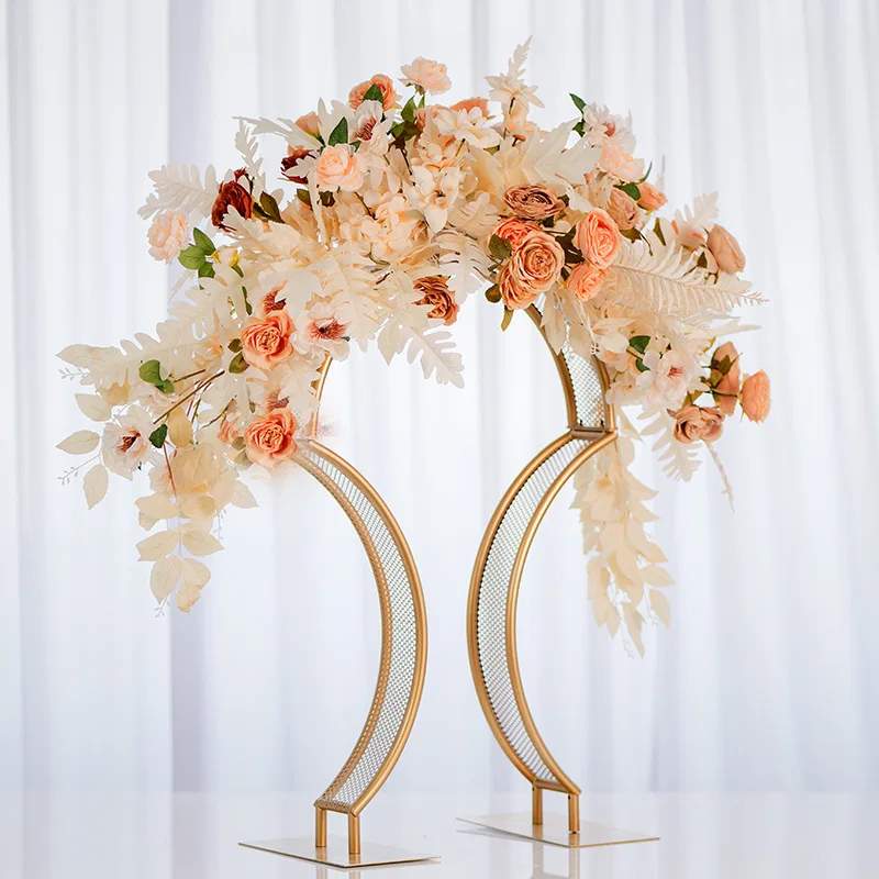 Hot-selling wedding new reticulated arch moon-shaped metal flower stand wedding hall main table flower device T table