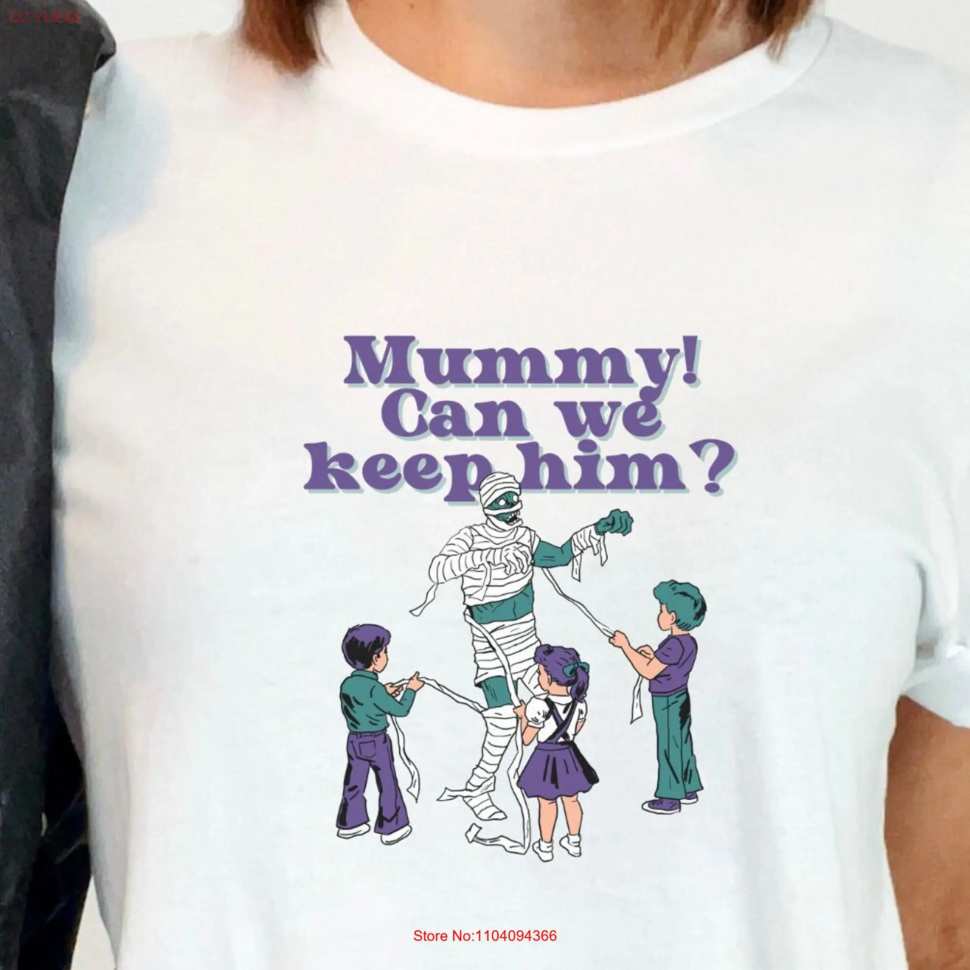 Mummy Can We Keep Him T Shirt Halloween Spooky Season Retro Costume long or short sleeves