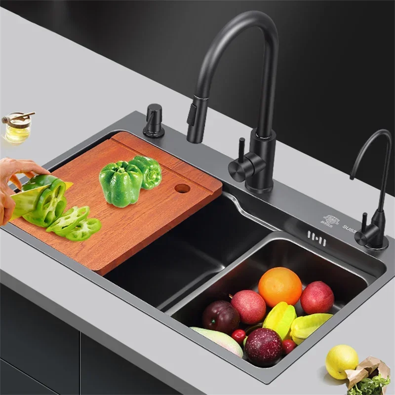 Black Nano Kitchen Sink Large Single-slot 304 Stainless Steel Vegetable Sink Under-counter Basin Thickened Balcony Bar Washbasin