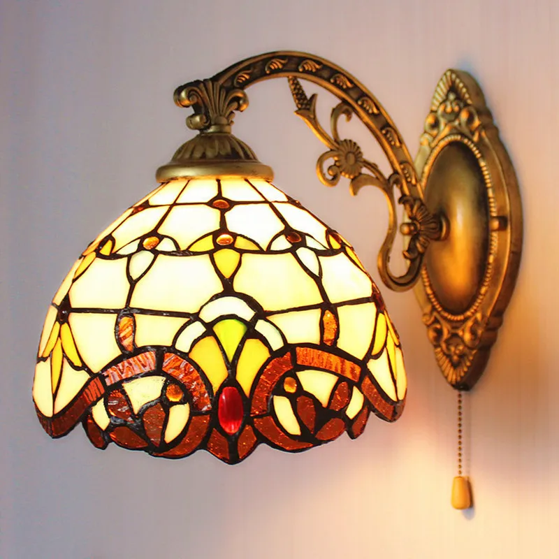 European-Style Mediterranean Stained Glass Mirror Headlight Bedroom Bedside Balcony Study Restaurant Creative Tiffany Wall Lamps