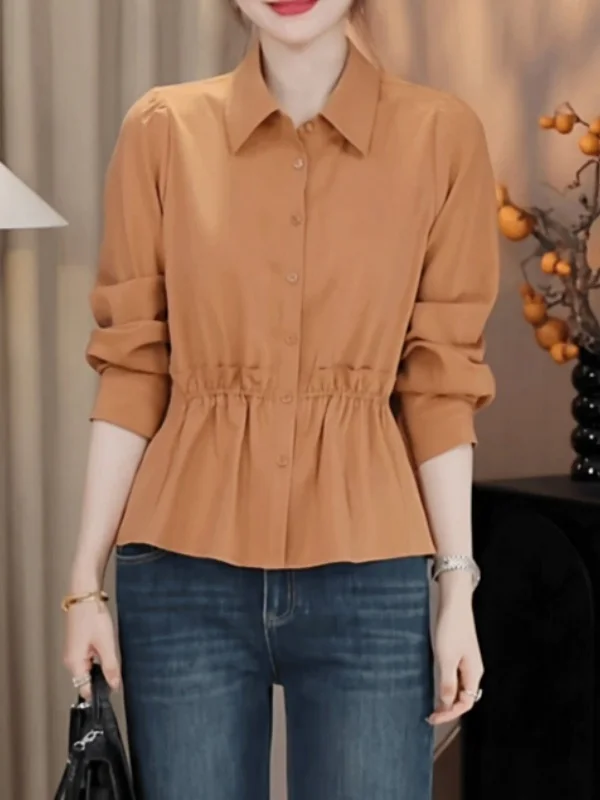 

Spring 2026 Women's Long Sve irt Gathered Waist Pleated Hem Korean Sle Office Commute Faion plus Size Fat MM Small S...