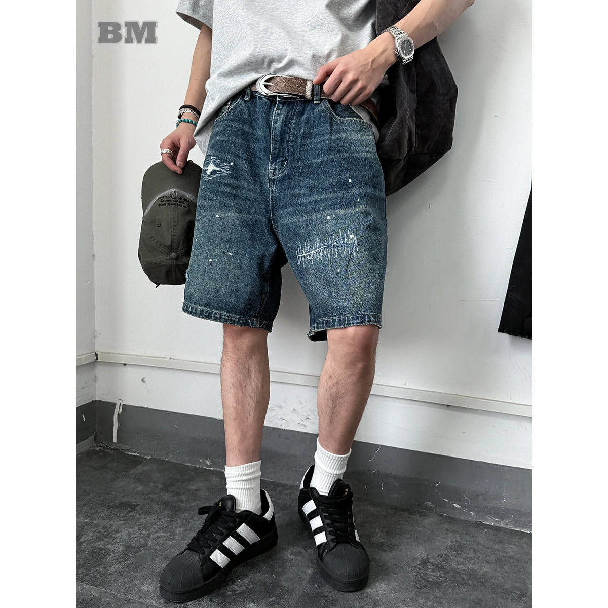 

Корейские уличные джинсовые шорты для мужчин, тяжелые синие джерты, винтажные рваные 5-дюймовые прямые повседневные джинсы, летние