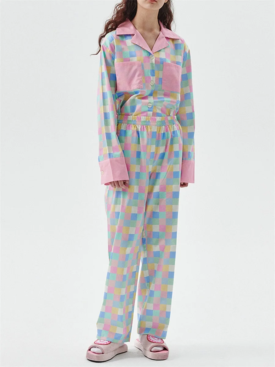 Женский пижамный комплект из 2 предметов, красочная клетчатая рубашка с длинными рукавами и эластичные брюки для домашней одежды, мягкая одежда для сна