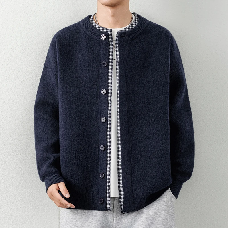 Luxury Retro Design Knitted Cardigan Men's Winter New High-Quality Popular Plaid Splicing Youth Casual Thick Warm sweater Coat