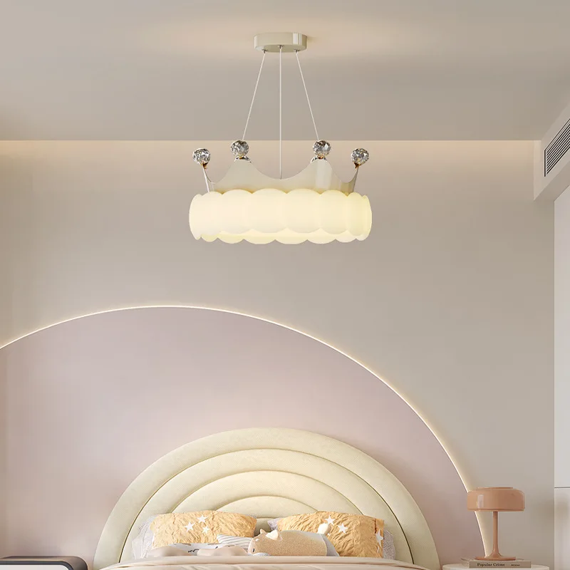 Children's Room Crown Chandeliers Cream Color Pink Crystal Crown Lamp Modern Warm Romantic Princess Room Girl Bedroom Chandelier