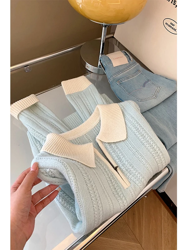 

Blue Neck Sweet Style Doll Collar Long Sleeve Knitted Top Women's Autumn Winter New Fashion Beautiful Shirt Warmth Heating