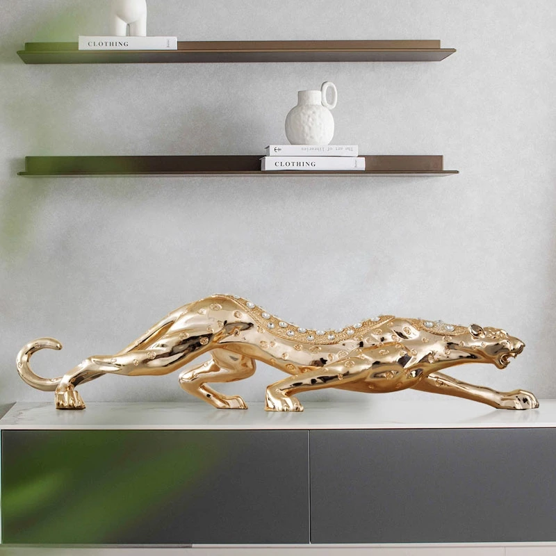 Animal Leopard Statue Ornaments, Golden Leopard Sculpture, Luxury Artworks Desktop Decoration, Creative Crafts Decor, Customize view 5