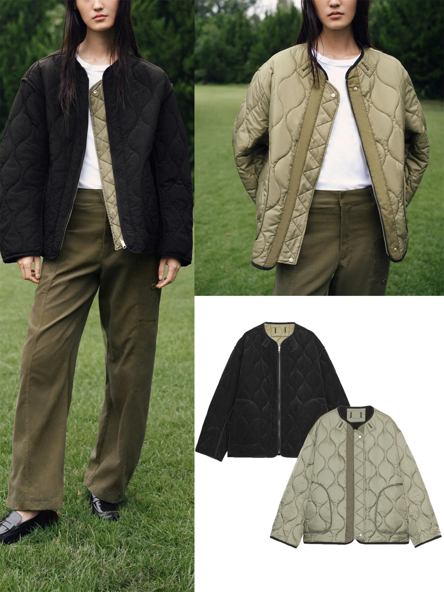 

New Autumn Women's Commuter Sle Loose Double-Sided Wear Thin Cotton Jaet Simple Faion Outerwear Long Sve round Ne